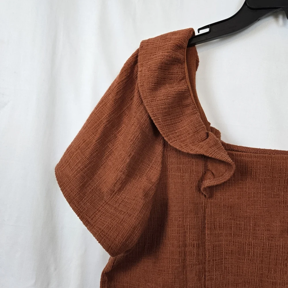 Madewell Women's Rust Orange Crosshatch Ruffled Short Sleeve Career Blouse Large